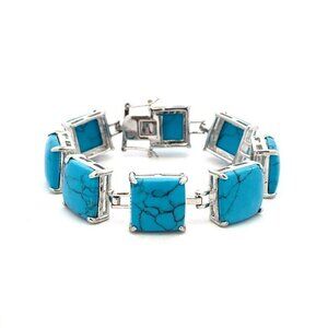 Designer Silver Tone & Faux Turquoise Square Panel 7” Bracelet! 107